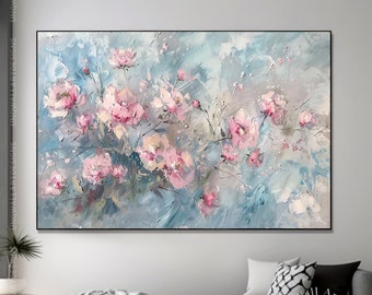 Dipinto originale di fiori rosa su tela, arte moderna della parete floreale rosa dipinta a mano, personalizza l'arte impressionista Boho, regalo di decorazioni per la casa