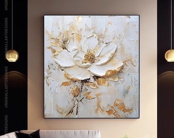 Idea di decorazione murale moderna con fiori bianchi fatti a mano, pittura moderna di fiori in oro e argento su tela, opera d'arte su tela Boho personalizzata, arte della stanza primaverile