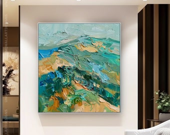 Peinture originale de paysage de montagne sur la toile, art mural vert lourd de Texture de couteau, décoration murale unique de paysage de montagne élégant