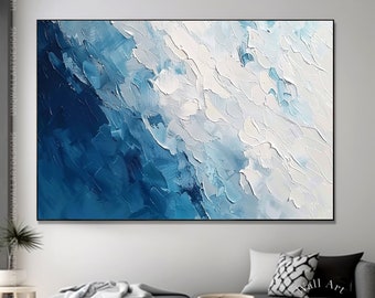 Decoro astratto moderno originale del mare blu, personalizza il dipinto su tela con onde blu pesanti, arte murale su tela minimale sull'oceano, arte per la casa blu