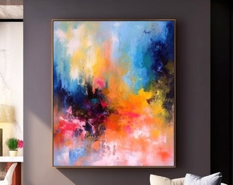 Colourful Blue & Orange Abstract Art, Extra Large Painting For Bedroom, Fancy Wall Art For Modern Decor, Bedroom Canvas Art, Custom Art Gift