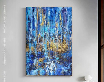 Blue Gold Art on Canvas, Large Original Textured Artwork, Textured Gold Acrylic Painting, Contemporary Living Room Wall Art, Modern Decor