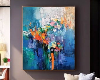 Groot kleurrijk paletmeskunstwerk voor kamer, moderne blauwe dikke lijnen op canvas, hedendaagse druipende abstracte muurkunst, aangepaste woning