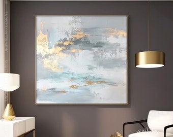 Hedendaagse luxe grijze en gouden canvas cadeau voor muur, extra groot minimaal fijn decor idee, oversized ingelijste zilveren muur kunst, cadeau voor haar