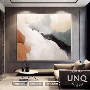 Cuadro abstracto minimalista de gran tamaño, arte mural en lienzo beige y marrón, obra de arte minimalista original hecha a mano para decoración de paredes grandes, arte mural elegante