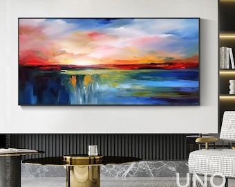 May include: A rectangular landscape painting featuring a vibrant sunset with bold strokes of red, orange, yellow, and pink clouds above a dark blue and green water surface. The artwork displays thick, textured paint application throughout.