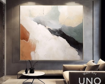 Extra Large Minimalist Abstract Painting: Beige, Green brown Canvas Art, Original Handmade Wall Decor