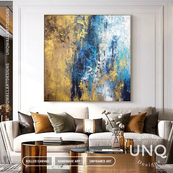 Hand Painted Canvas Wall Art: Large Dark Blue Gold Abstract Artwork  Textured Painting for Living Room (45” x 30'' x 1 Panel)