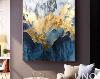 Fancy Blue Gold Leaf Abstract Art: Oversized Handmade Textured Canvas Painting, Unique Wall Decor