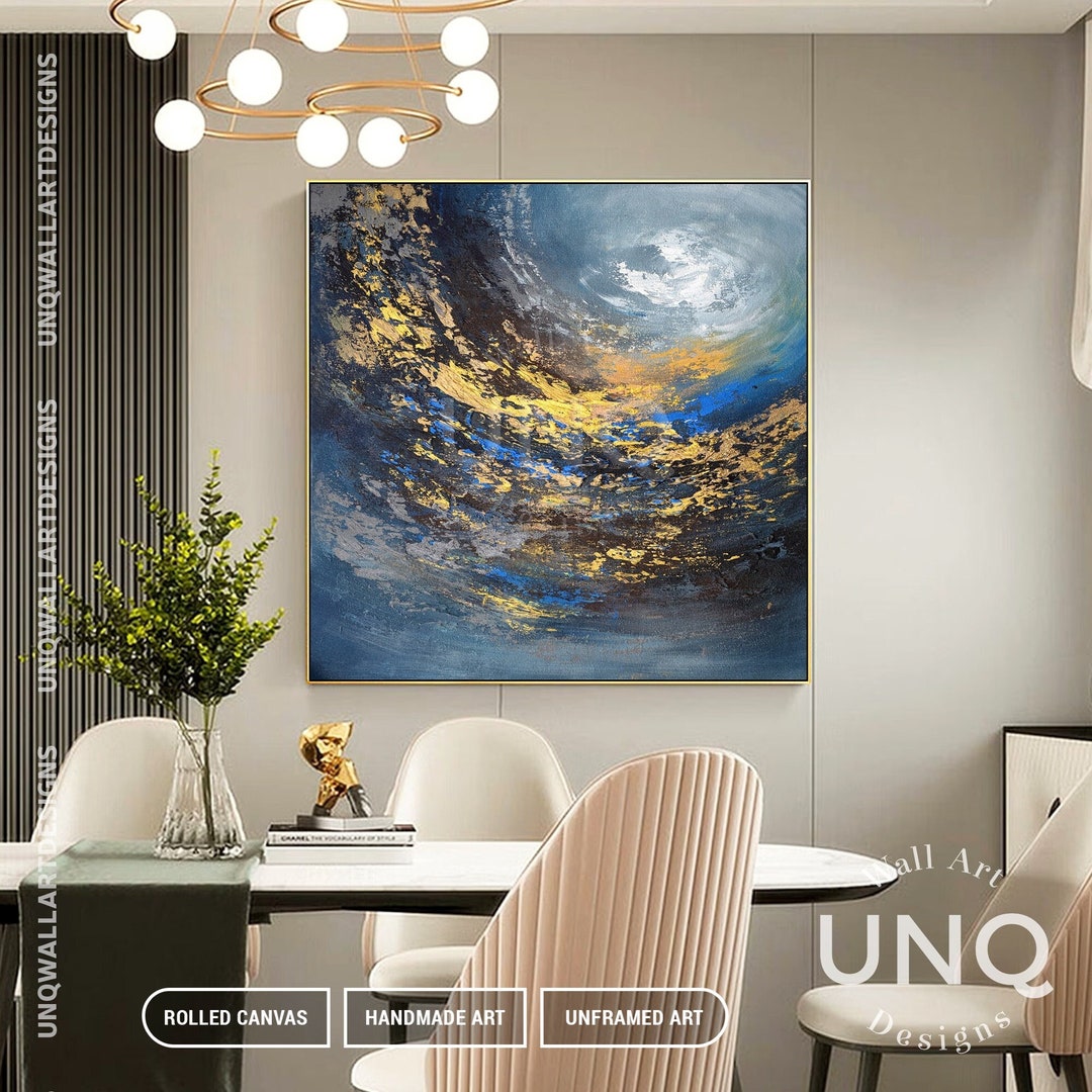 Blue and Gold Abstract Painting, Original Blue Wall Art, Blue Sea Glow ...