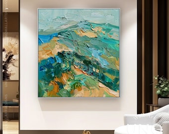 Original Mountain Scenery Painting On Canvas, Heavy Green Palette Knife Texture Wall Art, Unique Stylish Mountain Landscape Wall Decor