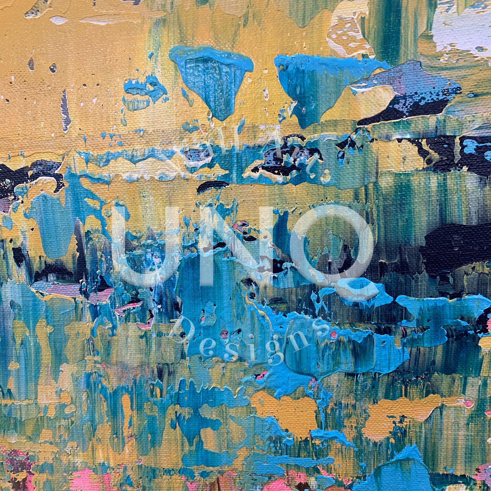青と黄色のテクスチャーのある油絵：現代的な大型抽象キャンバスアート