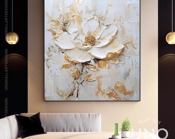 Modern Handmade White Flowers Wall Decor Idea, Modern Gold & Silver Flower Painting On Canvas, Custom Boho Canvas Artwork, Spring Room Art