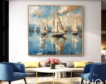 Original Nautical Sailboat Oil Painting On Canvas, Extra Large Blue Ocean Wall Decor, Master Bedroom Sail & Harbor Wall Painting Gift