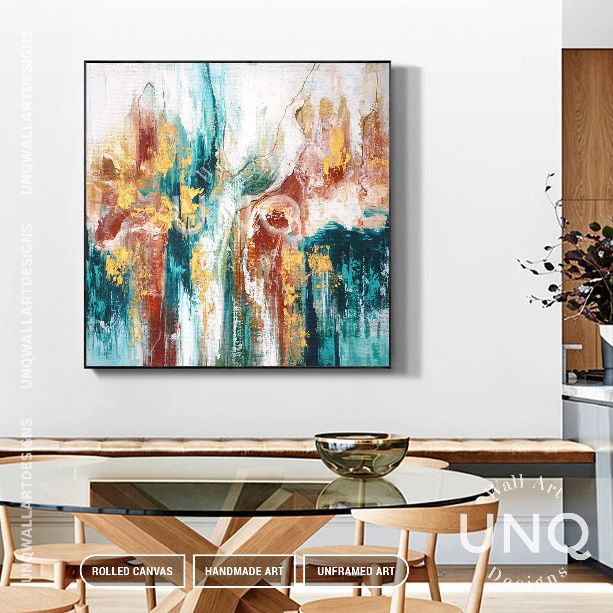 Large Abstract Oil Painting on Canvas, Textured Teal Boho Wall Art - Etsy