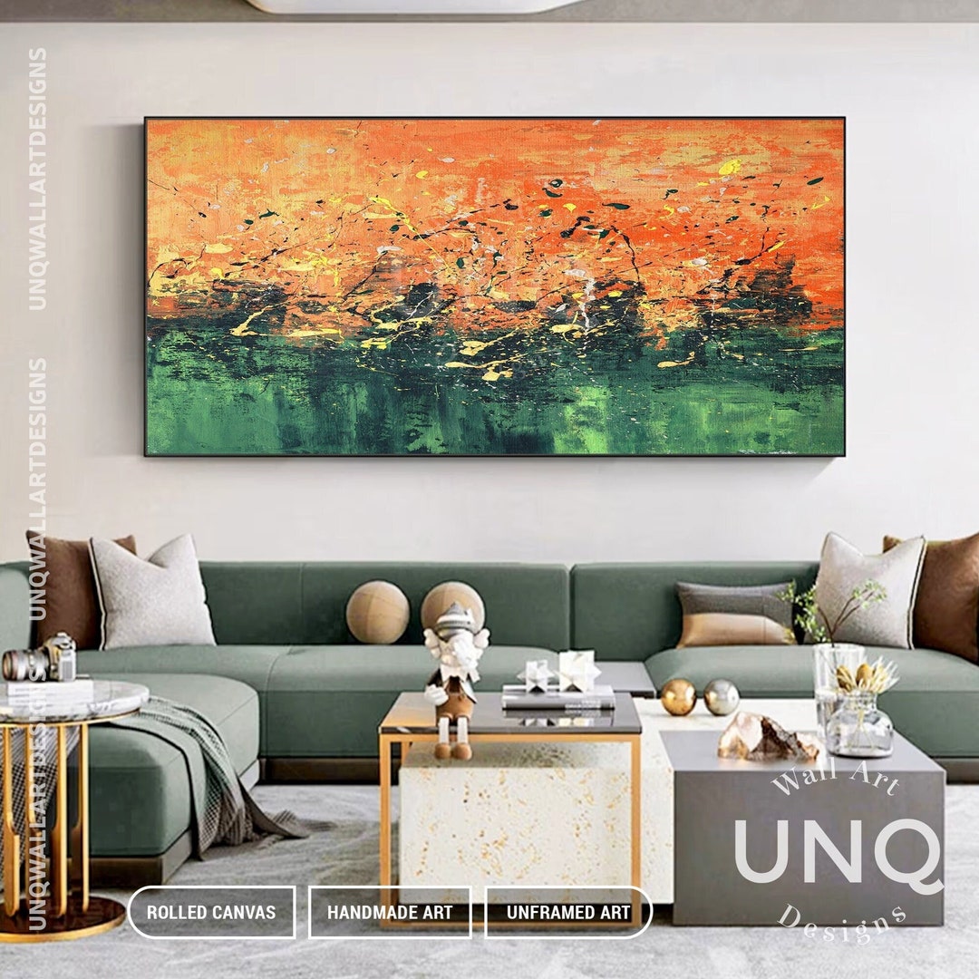 Extra Large Green & Orange Abstract Painting, Original Canvas Wall Art ...