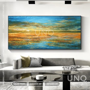 Sunset at Ocean Oil Painting on Canvas, Blue  And Yellow Gold Painting, Colorful Landscape Painting, Ocean Wall Art, Living Room Wall Art