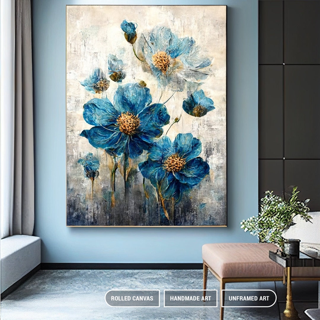 Blue Abstract Flower Acrylic Canvas Art, Original Floral Wall Art ...