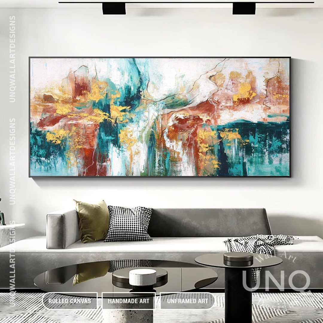 Large Abstract Oil Painting on Canvas, Textured Teal Boho Wall Art - Etsy