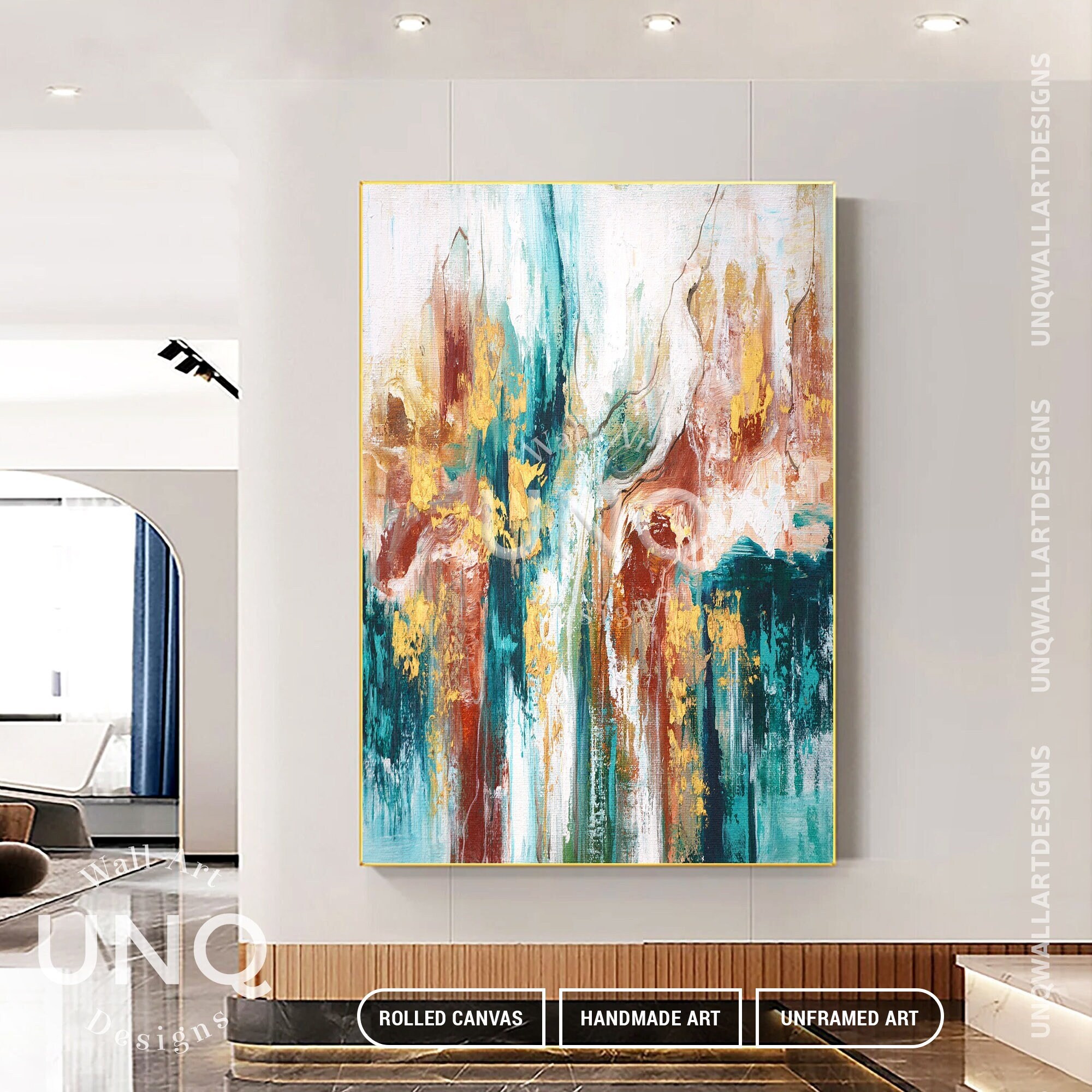Large Abstract Oil Painting on Canvas, Textured Teal Boho Wall Art - Etsy