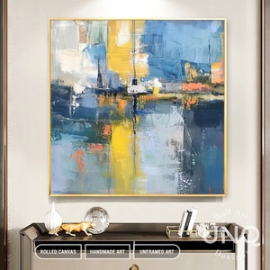Très grand art mural paysage urbain bleu et jaune Mirage urbain, peinture abstraite apaisante pour décoration d'intérieur, cadeaux personnalisés, art mural texturé 3D