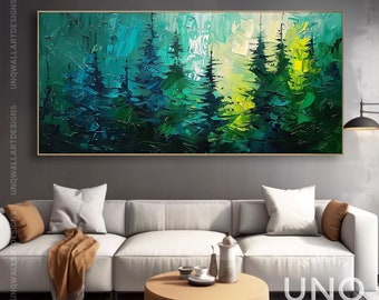 Dipinto di pino con spatola: foresta verde, arte astratta su tela