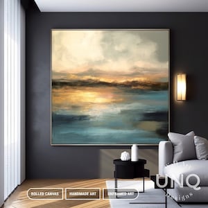 Luxury Handmade Gold Sunrise Seascape Painting For Bedroom: Abstract Landscape Canvas Art