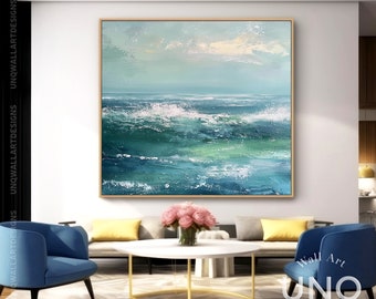 Large 3D Blue Ocean Texture Oil Painting Gifts, Unique Ocean Waves Canvas Wall Decor Idea, Minimalist Blue Artwork On Canvas, Decor Art