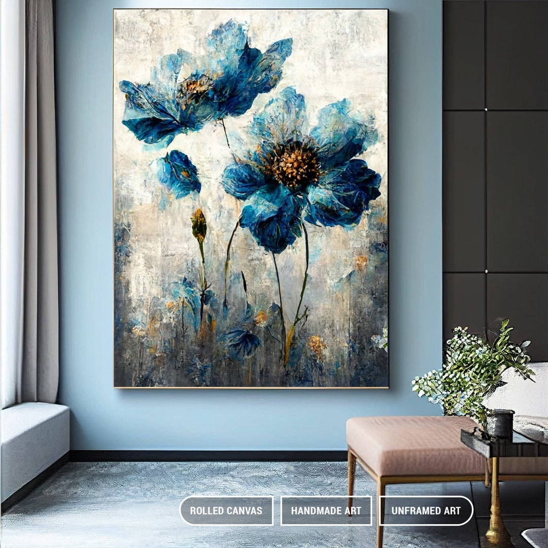 Hand Painted Blue Flower Wall Decor, Original Colorful Blossom Oil