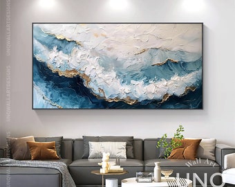 Art mural 3D unique sur l'océan moderne, décoration impressionniste peinte à la main de vagues bleues, art sur toile de plage surdimensionné, décoration murale tendance, art de plage