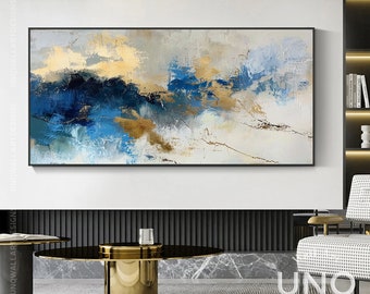 Modern Master Bedroom Canvas Wall Art Blue Gold, Large Golden Foil Abstract Decoration, Unique Heavy Big Blue Knife Strokes, Blue Wall Art