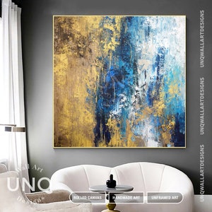 Art mural abstrait texturé bleu marine et or, peinture texturée or lourd, décoration murale minimaliste bleu et or, art toile de la chambre principale