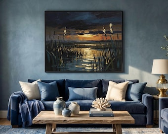 Textured Impasto Indigo Marshland Sunset Painting, Rustic Canvas Art, Study Decor