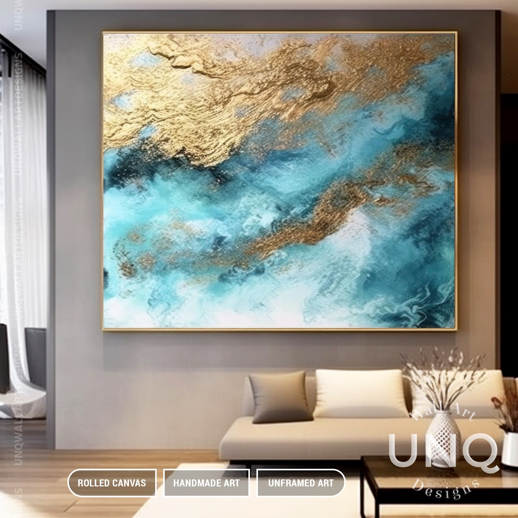 Abstract Ocean Painting: Blue and Gold Leaf Acrylic Canvas Wall Art for ...
