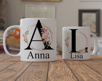 Coffee cup with letter print name personalized text gift ideas flowers for girlfriend Mother's Day with photo text desired text