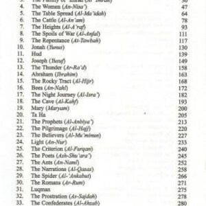 May include: A black and white book with the title "CONTENTS" printed in bold at the top of the page. The book lists the chapters of the Quran with their corresponding page numbers.