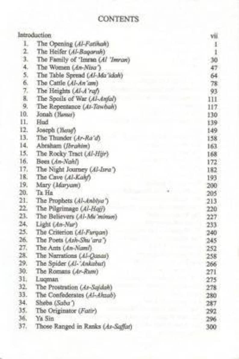 May include: A black and white book with the title "CONTENTS" printed in bold at the top of the page. The book lists the chapters of the Quran with their corresponding page numbers.