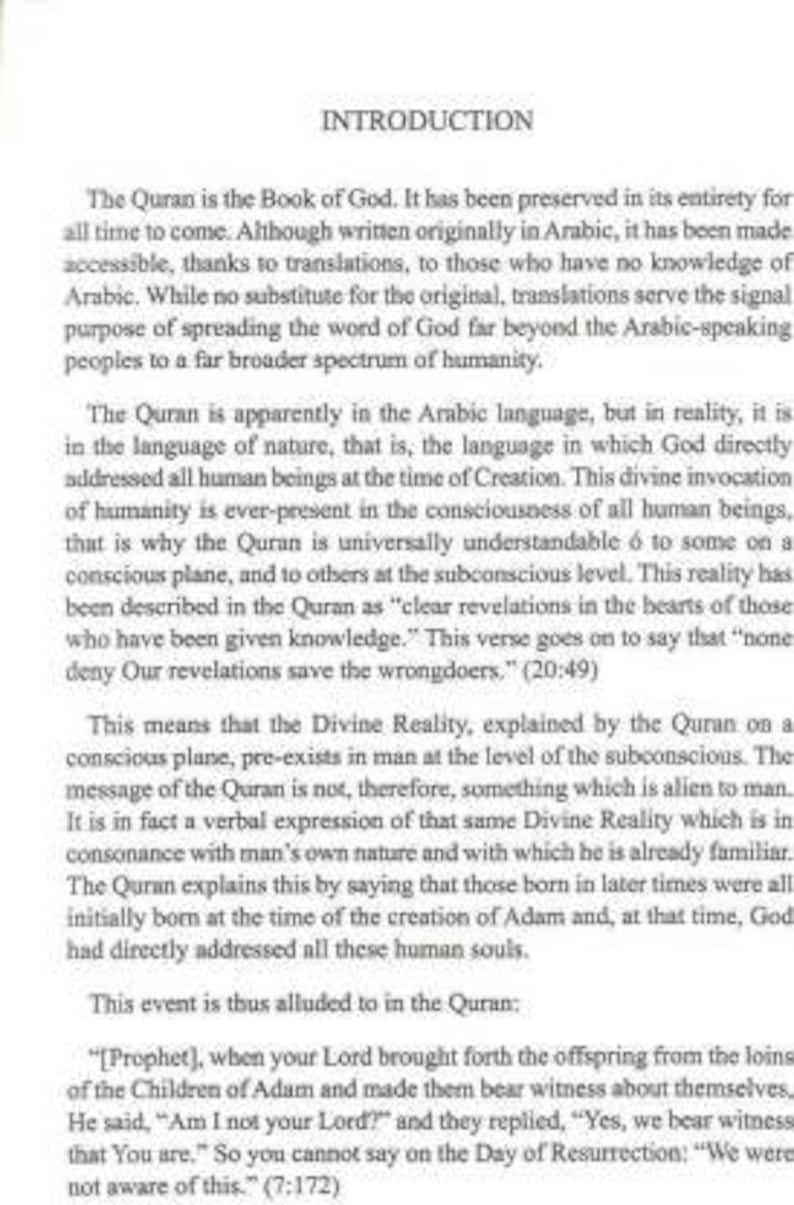 May include: A black and white text page with the title "Introduction" and a passage about the Quran. The text discusses the Quran's origins, its universality, and its message of divine reality.