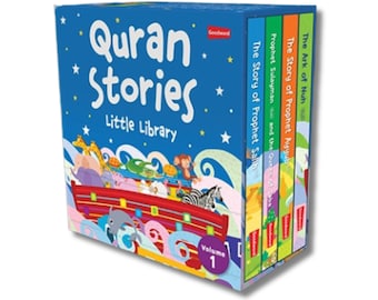 May include: A set of four colorful children's books titled "Quran Stories Little Library Volume 1". The books feature illustrations of animals and stories from the Quran.