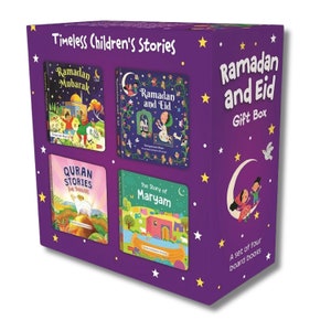 May include: A purple gift box set of four children's board books. The box reads "Ramadan and Eid Gift Box" and "Timeless Children's Stories." The book titles include "Ramadan Mubarak," "Ramadan and Eid," "Quran Stories for Toddlers," and "The Story of Maryam."