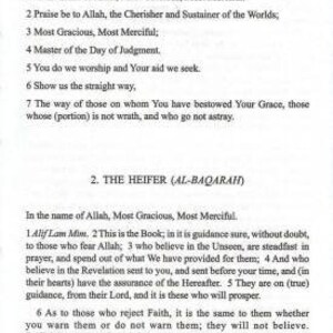 May include: A black and white printed page with the first two chapters of the Quran, titled "The Opening (Al-Fatihah)" and "The Heifer (Al-Baqarah)".