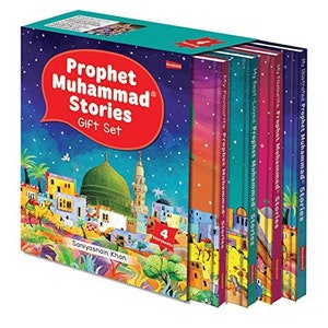 May include: A set of four illustrated children's books about the life of Prophet Muhammad. The books are colourful and feature illustrations of Islamic scenes and characters. The set is titled "Prophet Muhammad Stories Gift Set".