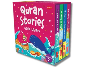 May include: A set of four pink, blue, yellow, and green children's books titled "Quran Stories Little Library Volume 2". The books feature stories about prophets Adam, Hud, Yunus, and Ibrahim.