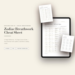 May include: A digital Zodiac Breathwork Cheat Sheet displayed on a tablet screen with two printed pages showing a quick reference guide for all twelve signs, including breath patterns, benefits, and safety notes in a clean, black and white layout.
