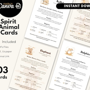 103 cartões de animais espirituais - modelo editável em Canva, cartões A6 para impressão em PDF