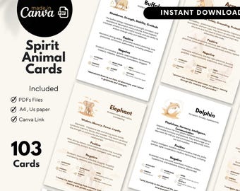 103 Spirit Animal Cards - Editable Canva Template, PDF Printable A6 Cards