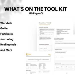May include: A white workbook with the text "WHAT'S ON THE TOOL KIT" and "140 Pages Of." The workbook includes sections for journaling, healing tools, and a practitioner's guide. The guide covers diagnostic indicators and intervention strategies.