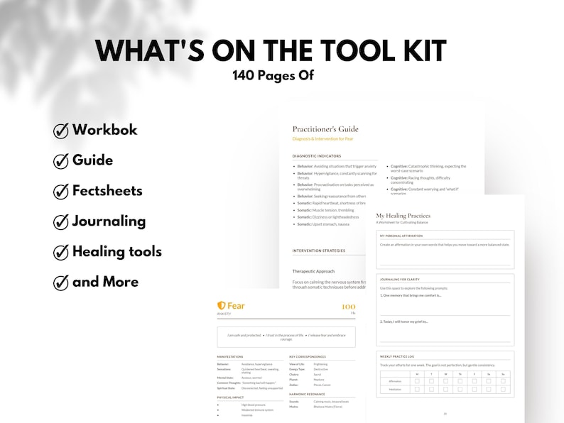 May include: A white workbook with the text "WHAT'S ON THE TOOL KIT" and "140 Pages Of." The workbook includes sections for journaling, healing tools, and a practitioner's guide. The guide covers diagnostic indicators and intervention strategies.