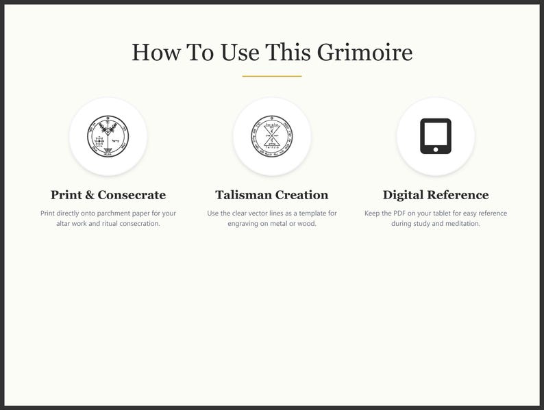 May include: A cream-colored graphic with the text "How To Use This Grimoire." It features three circular icons with text: "Print & Consecrate," "Talisman Creation," and "Digital Reference." Each icon has a brief description below it.