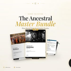 May include: The Ancestral Master Bundle, featuring three sacred tools for a complete practice. The image includes a workbook, a book titled "Book of Shadows", and oracle cards. The total value is $80+.